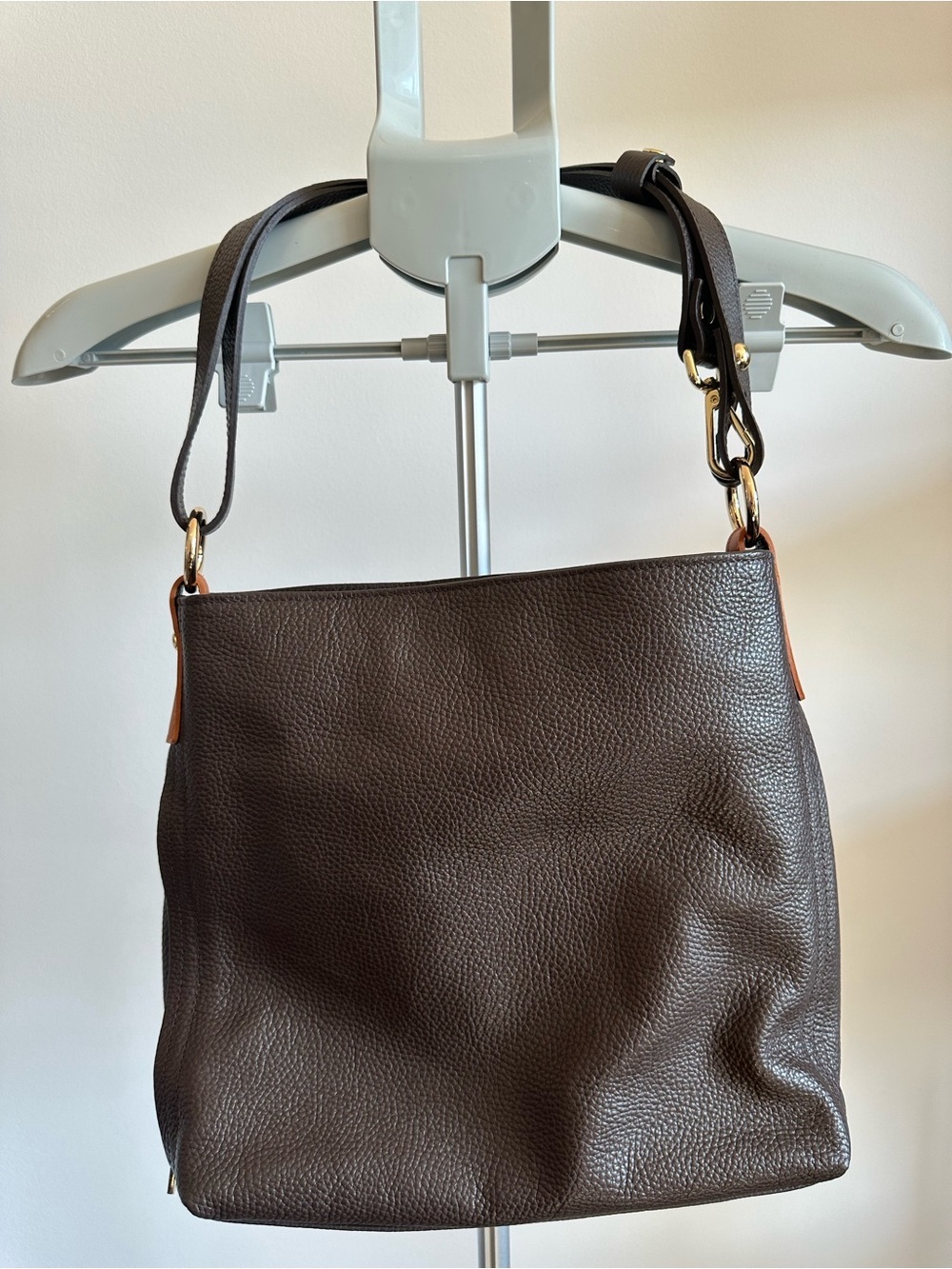 Valentina Dark Brown Pebbled Leather Shoulder Bag with Gold Hardware